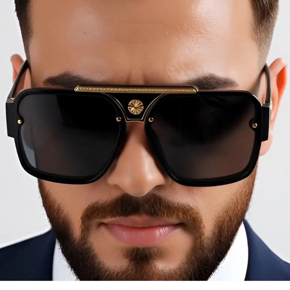 Luxury Oversized Square Sunglasses Gold Medallion Black Frame Men's Fashion 2026